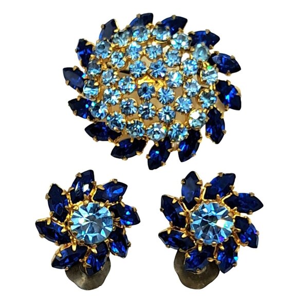 Austria Jewelry - Austria Rhinestone Brooch Earrings Set Two Tone Blue Signed Vintage Costume Jewe